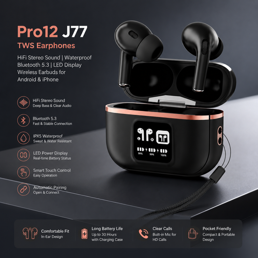 Pro12 J77 TWS Earphones – HiFi Stereo Sound | Waterproof In-Ear Headphones | Bluetooth 5.3 | LED Display | Wireless Earbuds for Android & iPhone