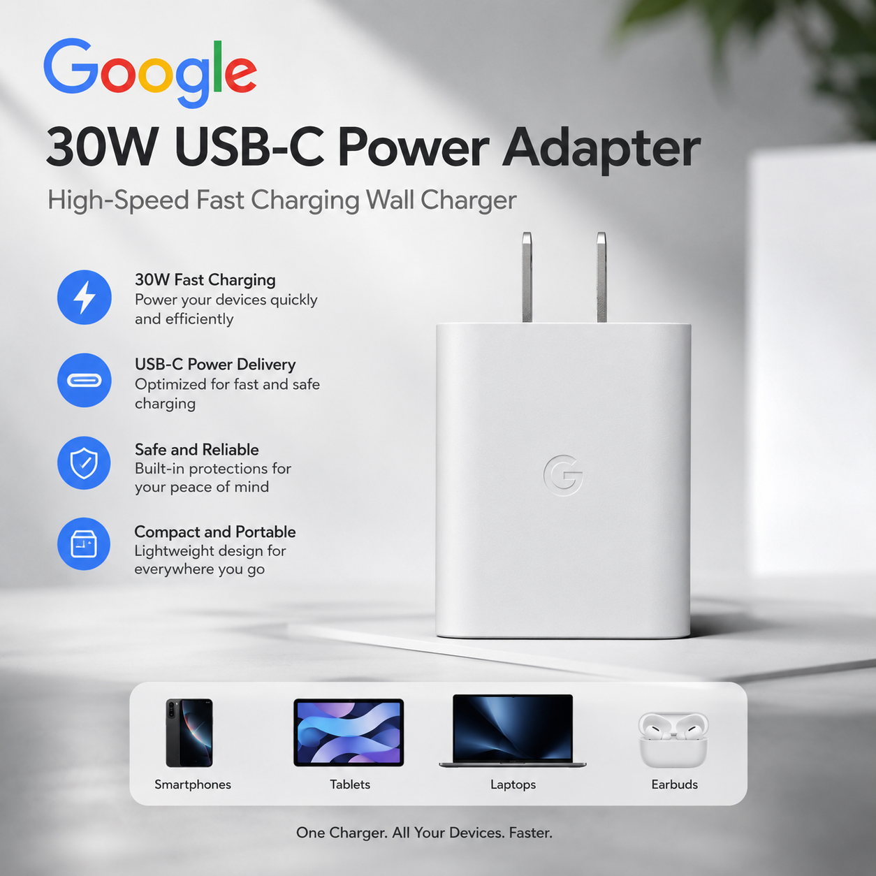 Google 30W USB-C Power Adapter – High-Speed Fast Charging Wall Charger