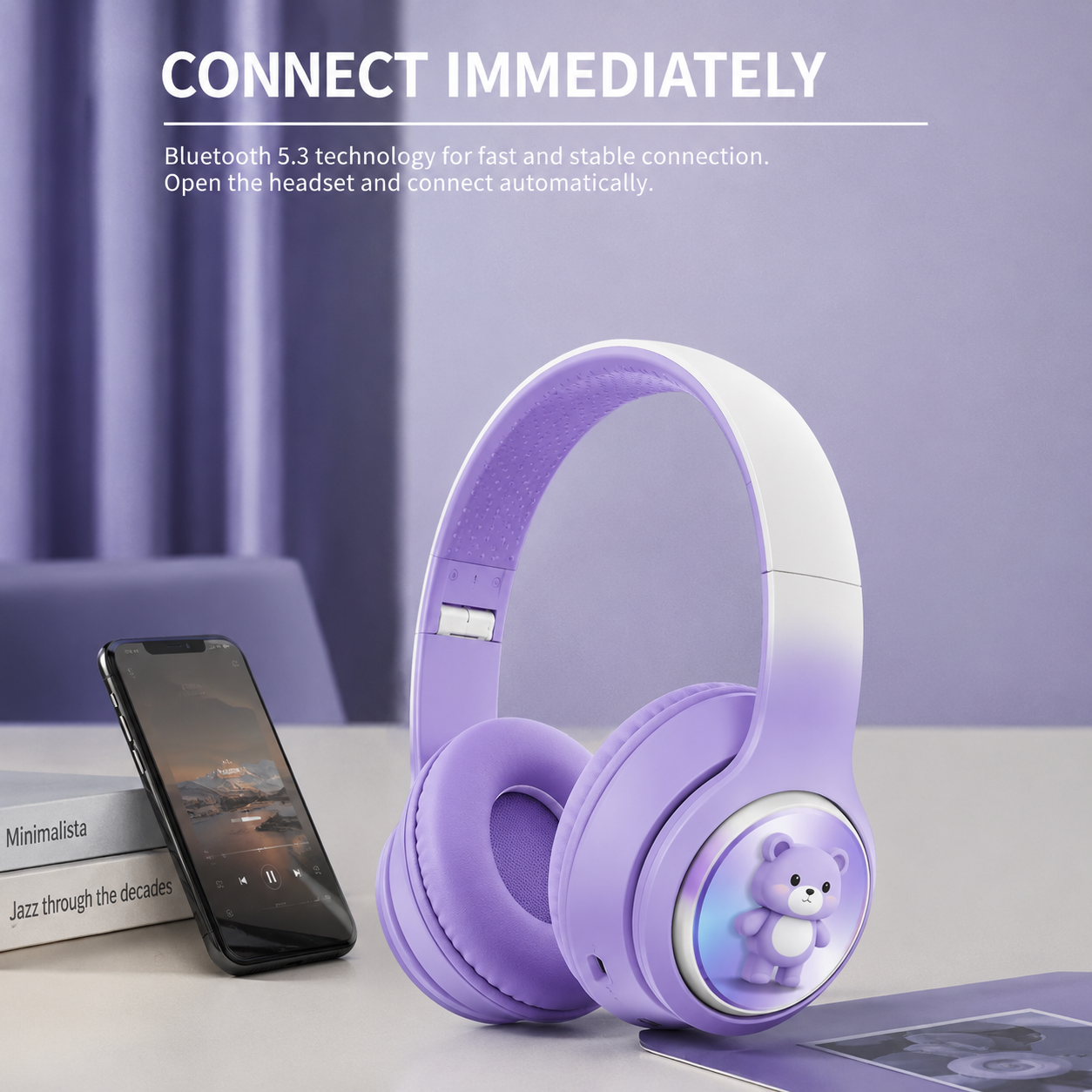 Wireless Music BT Headphones AKZ52 | Over-Ear Foldable Gaming Headset | Noise Protection | Bluetooth 5.0 | Stereo Sound | Built-in Mic | Kids & Adults | Travel, School, Phone, Tablet, PC | Purple