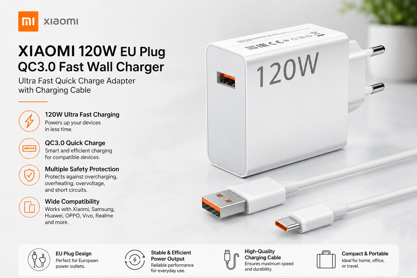 XIAOMI 120W EU Plug QC3.0 Fast Wall Charger with Charging Cable – Ultra Fast Quick Charge Adapter