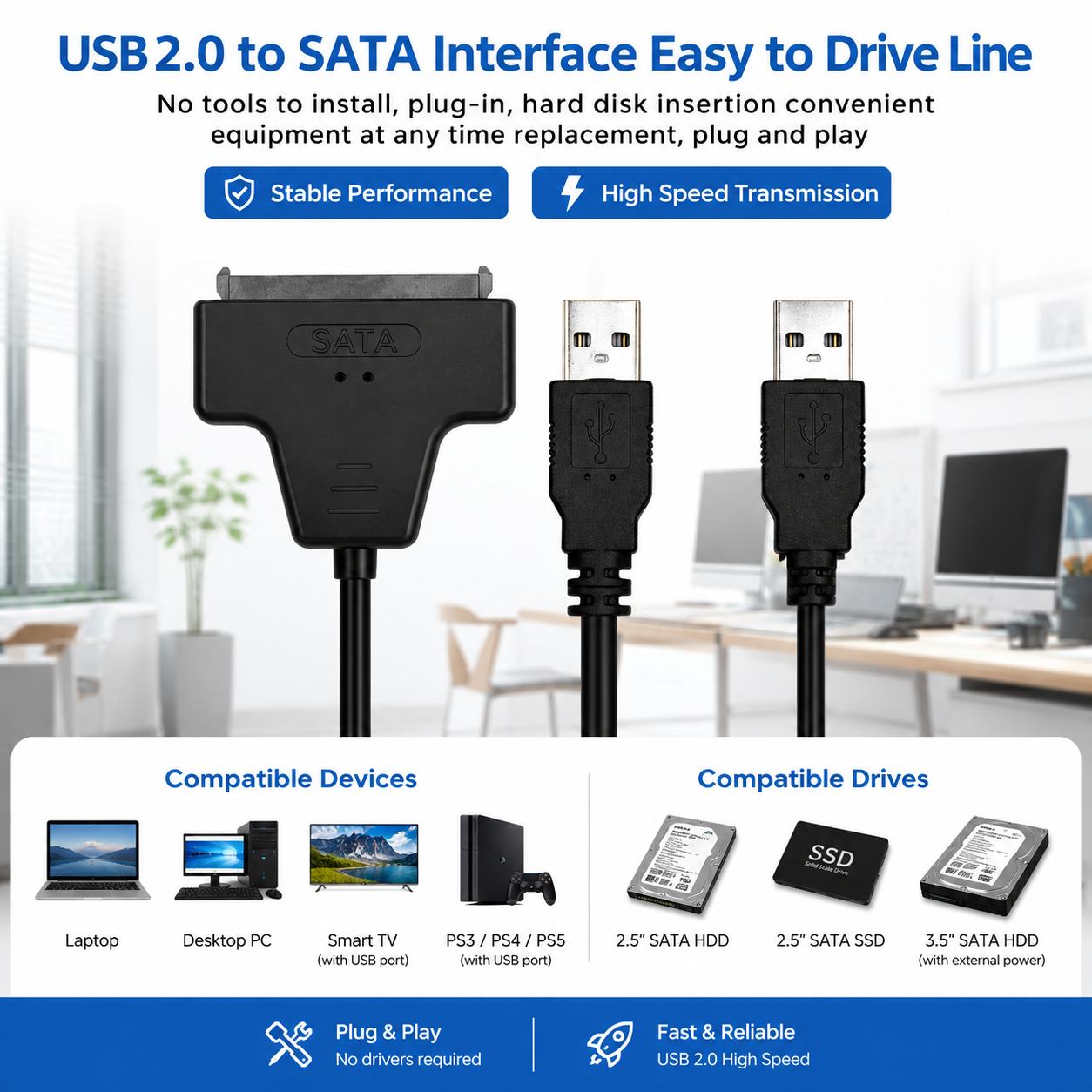 USB 2.0 to SATA HDD Adapter Cable